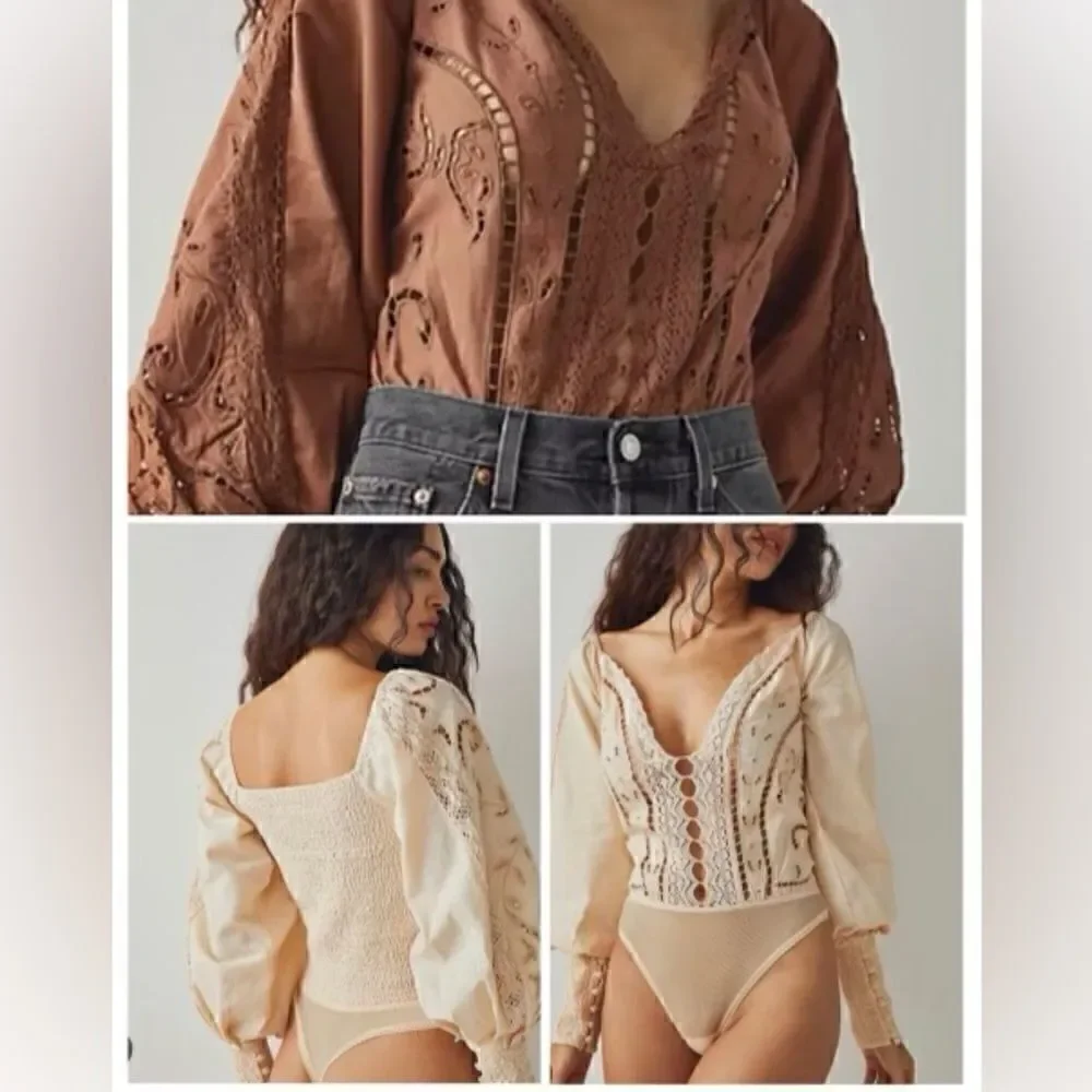 NWOT Free People Regina Bodysuit Top Thong Eyelet Balloon Sleeves Smocked Retro